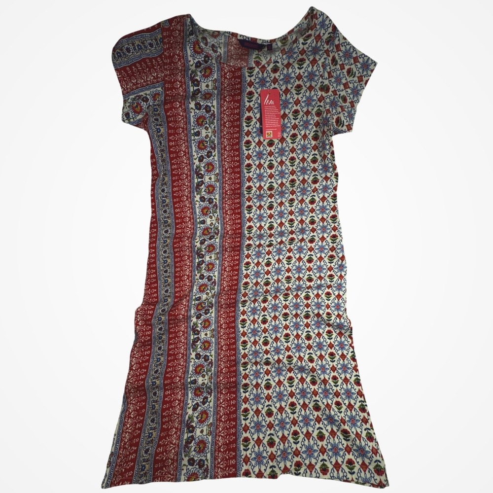 Srishti Casual Kurta Off White Red Blue Floral Geometric Boho Tunic XL